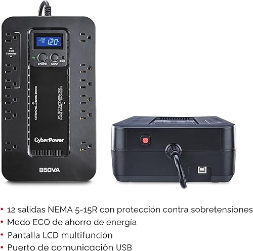 Vista 5 de CyberPower EC850LCD UPS Ecológico de respaldo de batería y protector contra sobretensiones, 850VA/510W, 12 tomas, modo ECO, compacto, certificado UL