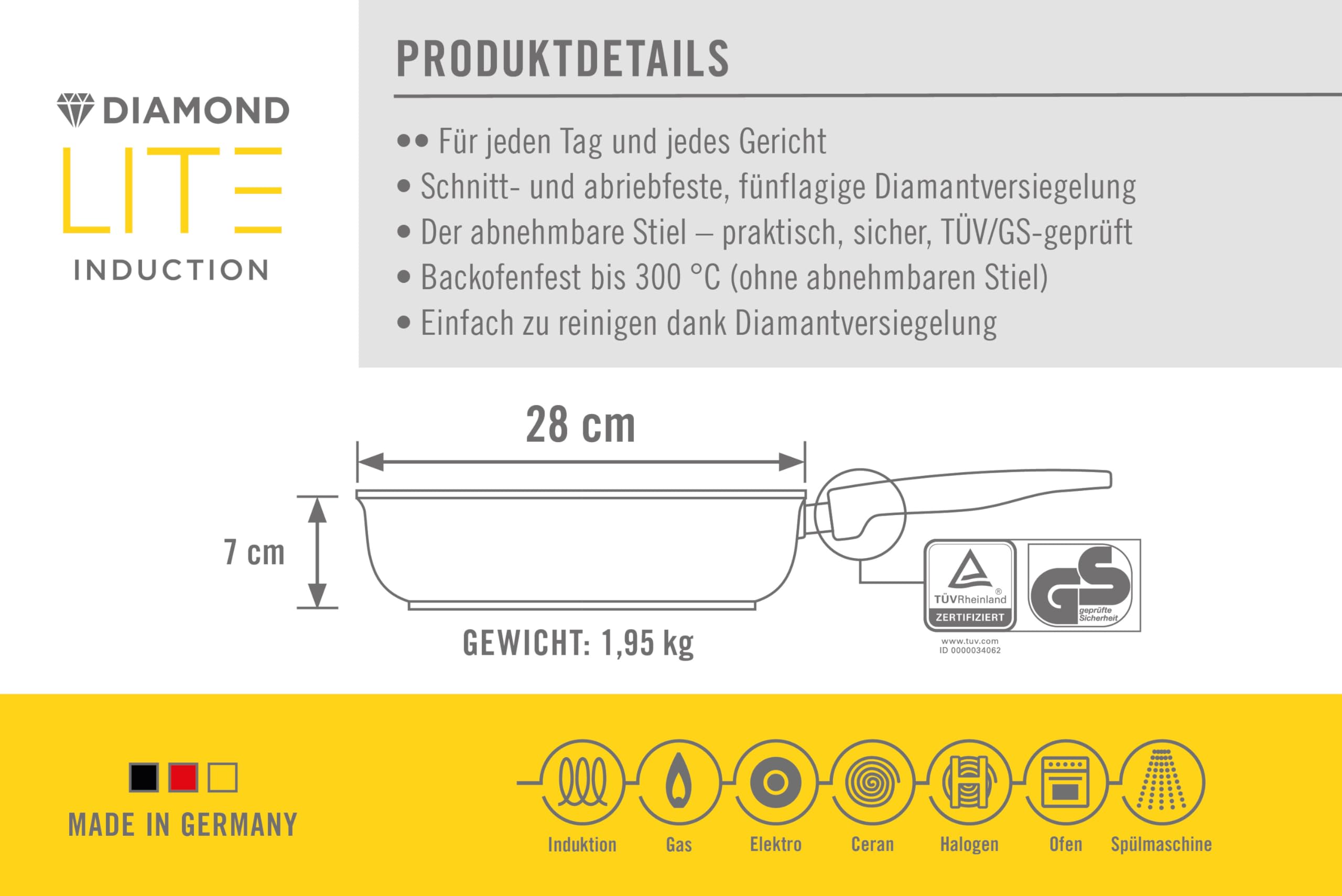Woll Diamond Lite Hochrandpfanne - Induktiv -, Ø 28 cm, 7 cm hoch, mit abnehmbarem Stiel - Geeignet für alle Herdarten, Aluminiumguss, Antihaft-Versiegelung, backofenfest, anthrazit