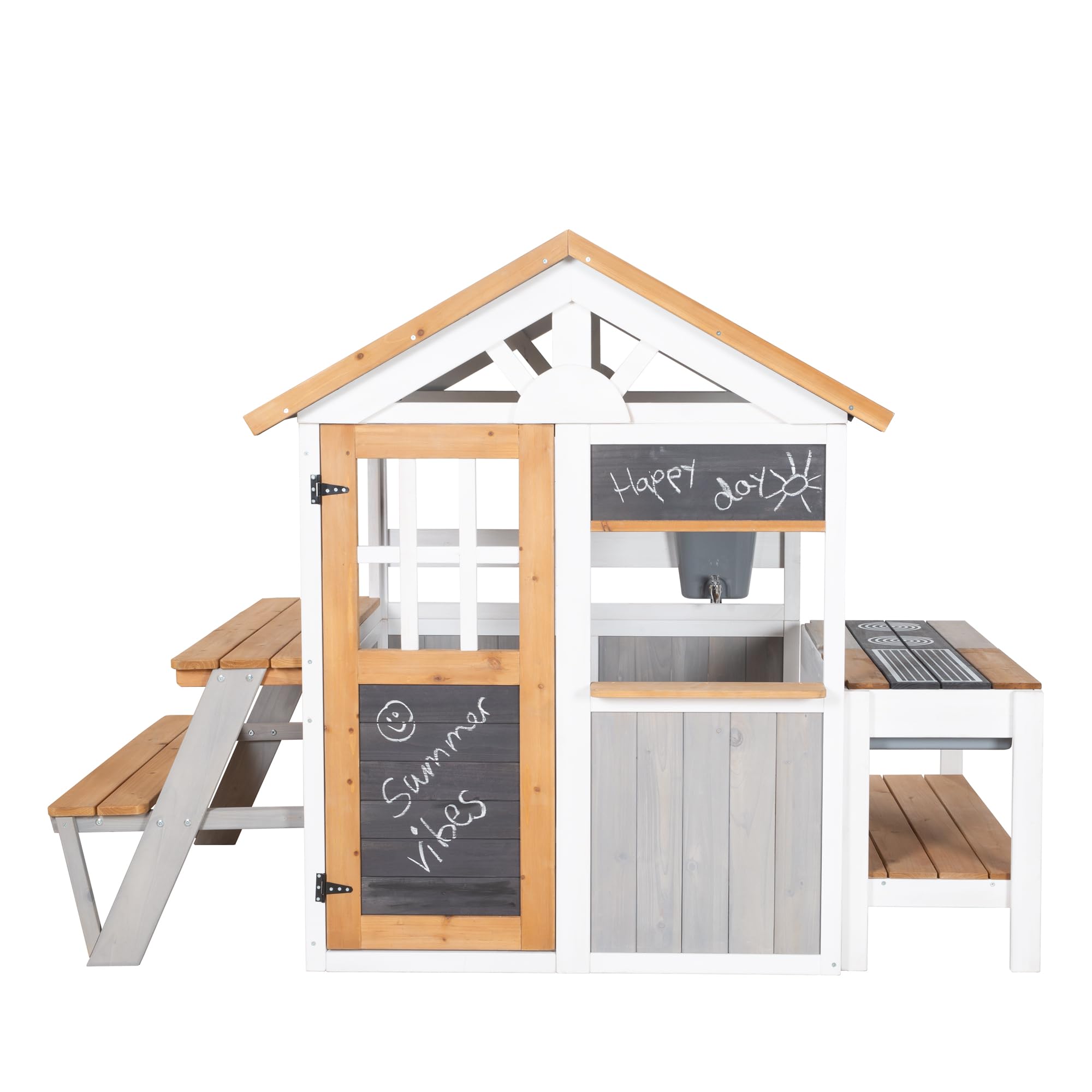 roba Garten Spielhaus aus Holz - Inkl. Spielküche mit Kochfeldern + Picknick-Tisch & Bank für Kinder - Wetterfestes Kinderspielhaus mit Verkaufsstand - Mehrfarbig