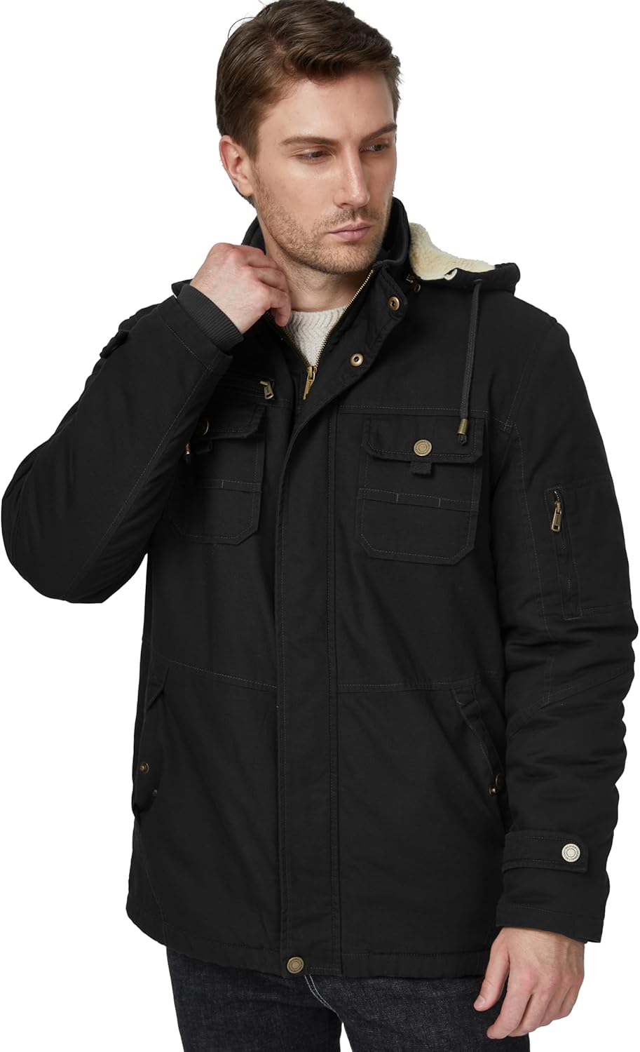 WenVen Men's Winter Sherpa Parka Mid Length Thicken Military Style Warm Jacket with Removable Hood - Image 4