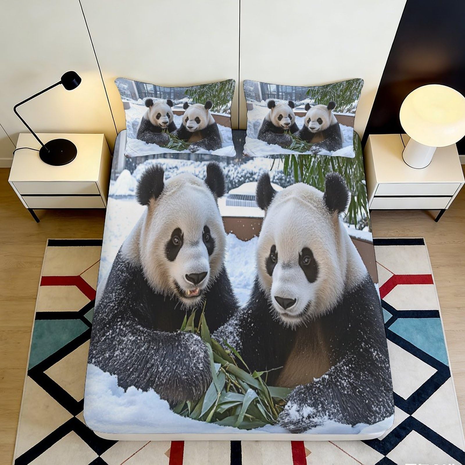 3D Printed Panda Bamboo Fitted Sheet Microfiber Anti-Slip Bed Sheet for Bedroom Guest Room Mattress Decor 90x200x25cm