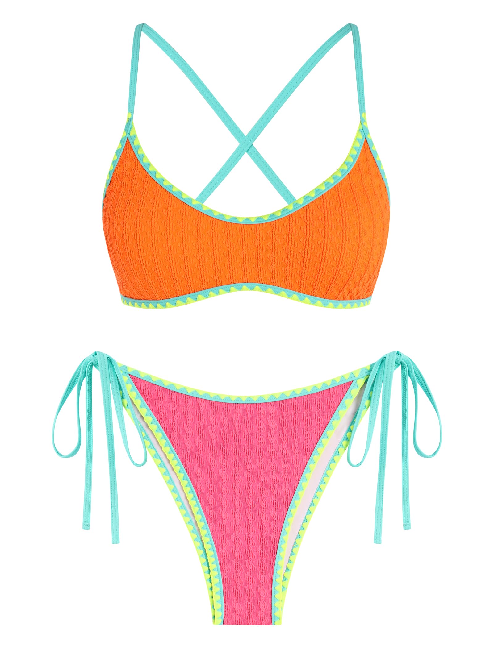 ZAFUL Women's Tie Back Padded High Cut Bralette Bikini Set 2 Piece Swimsuit