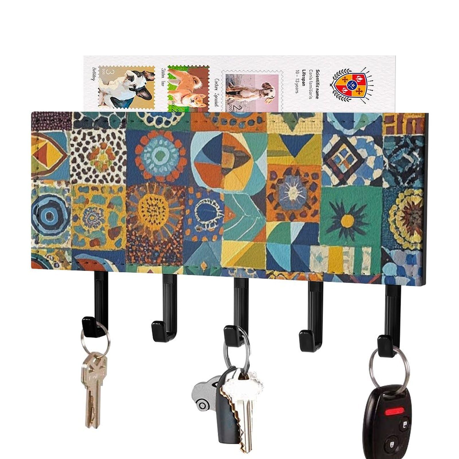 FekiLoot African Style Patchwork Key Holder Wall Mount Key Hanger with 5 Hooks Decorative Key Rack Hanging Key Hooks with Mail Organizer Key Holder for Wall Living Room Kitchen Bathroom Hallway Black