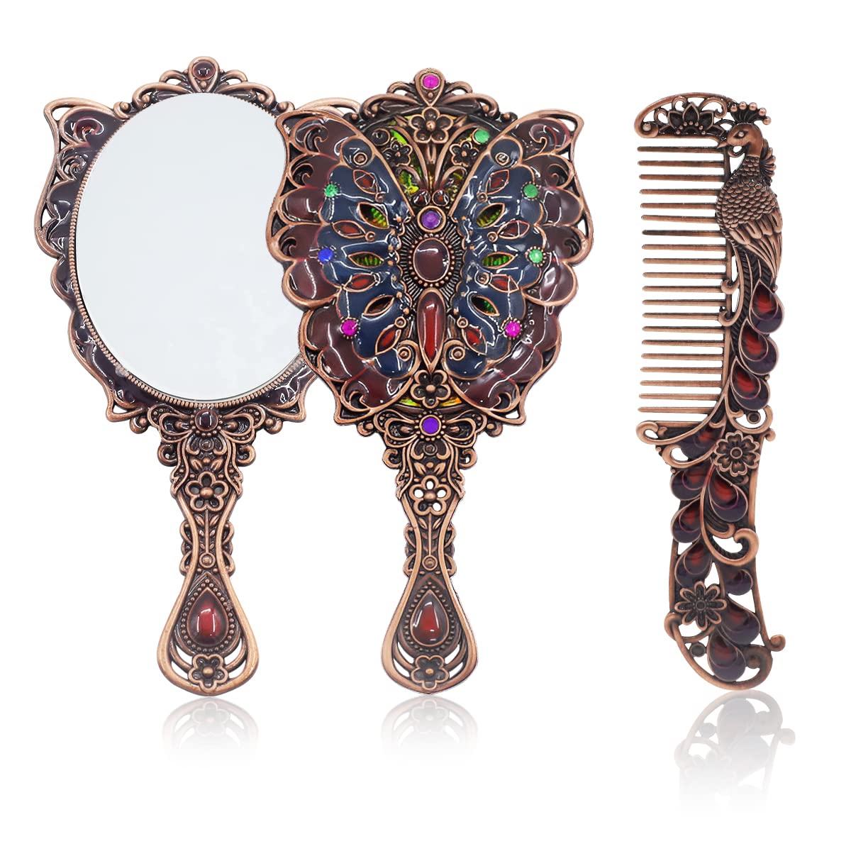 HASTHIP® Vintage Hand Mirror Comb Set for Makeup Decorative Metal Vanity Mirror and Comb Combo Kit, Antique Embossed Butterfly Peacock Handheld Mirror for Women Girls - Gift Box Packing