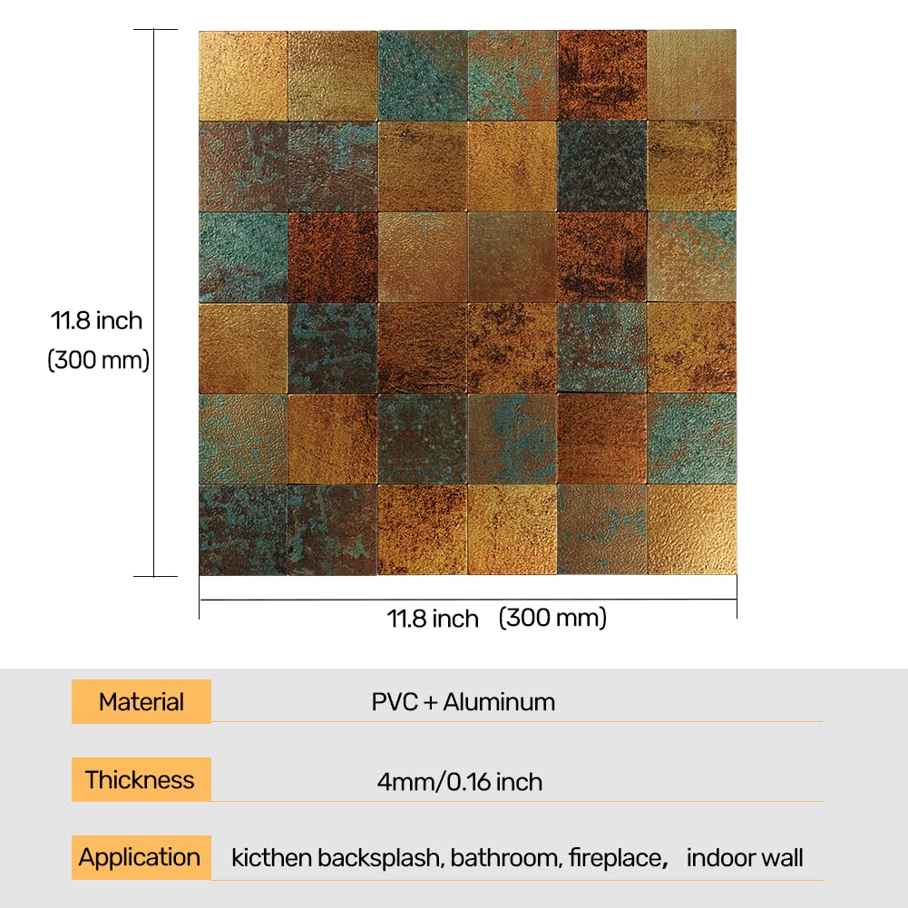 Adedeo Metal Backsplash Tile Self-Adhesive Aluminum Surface Square Mosaic Peel and Stick Tile Retro Bronze for Kitchen Backsplash Bathroom Wall (10 Sheets)