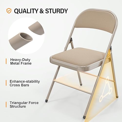 Miniatura 4 de VINGLI Paquete de 4 sillas plegables con asientos acolchados, marco de metal con asiento y respaldo de tela, capacidad de 350 libras, color caqui,