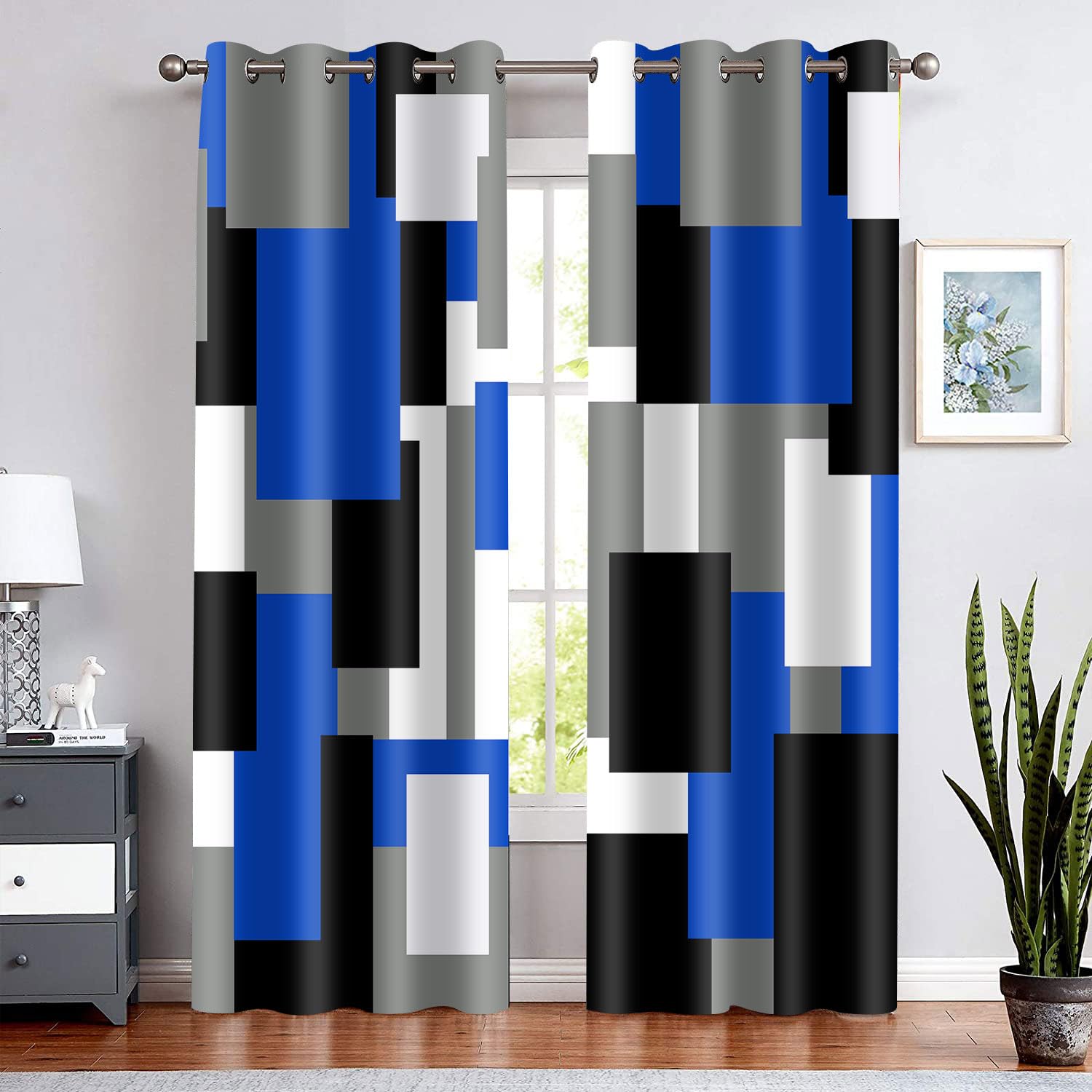 BSPPTI Blue Black Geometric Curtains for Bedroom 42x84inch Modern Abstract Blackout Curtains Insulated Room Darkening Window Drapes for Living Room 2