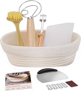 Clheatky Banneton Proofing Basket Oval 25cm, Sourdough Proving Basket Bread Making Accessories Starter Kit with Linen Liner, Cleaning Brush, Dough Whisk, Bread Lame with Blades & Sheath