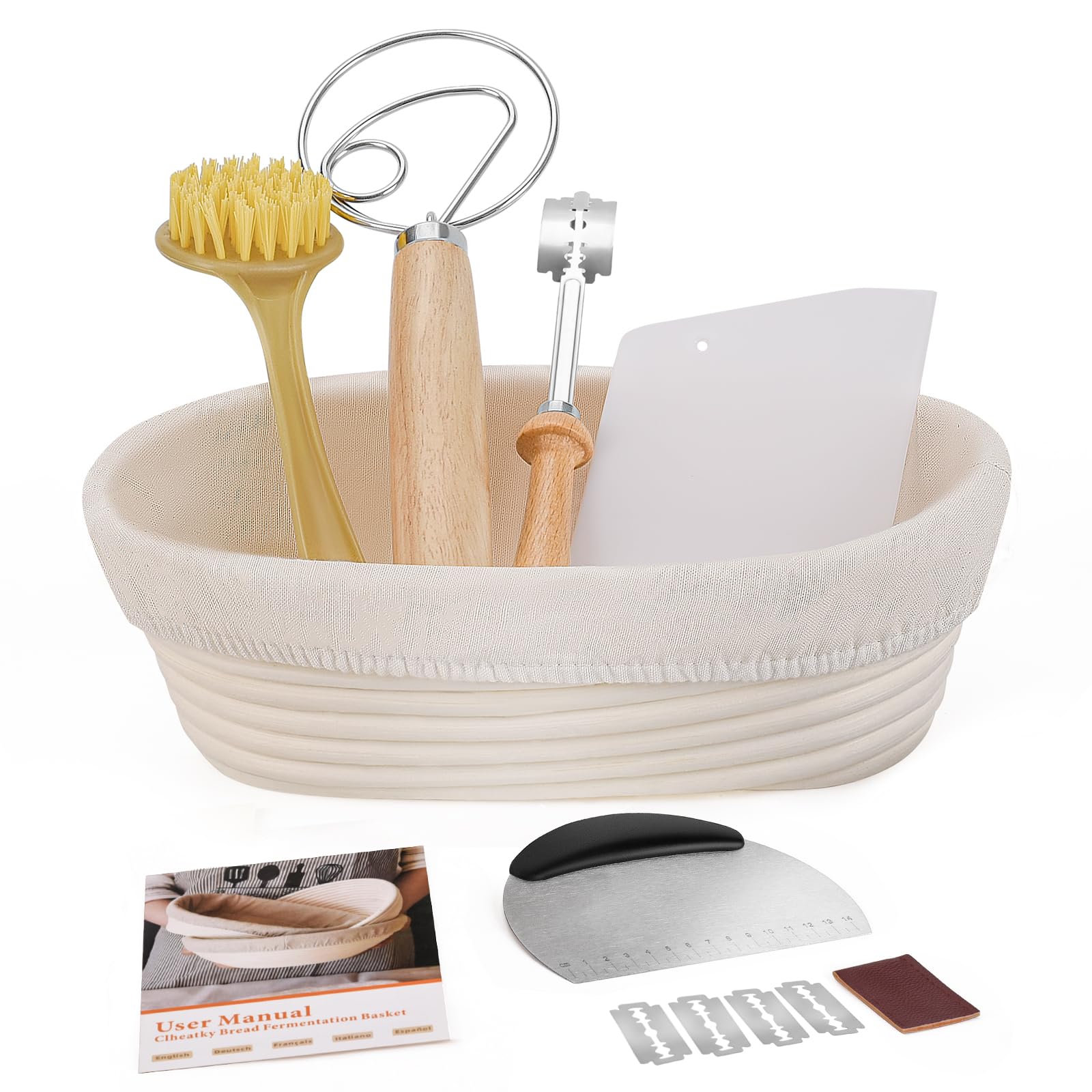 Clheatky Gärkörbchen Oval, 25cm Gärkorb Set inklusive Brot Lahm, Teigschaber, Schüsselschaber, Reinigungsbürste zum Backen und für die Fermentation, 100% Natürlichem Rattan