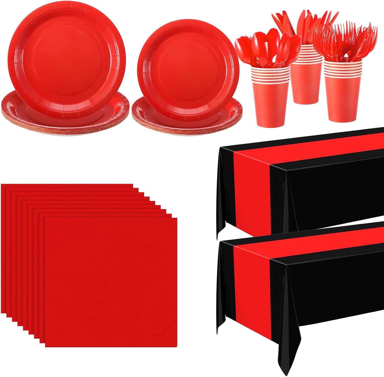 Oudain 162 Pcs Red and Black Graduation Party Supplies Dinnerware Set Disposable Plates Tablecloth Cups Spoons Forks Knives Napkins Serve 20 Guests for Party