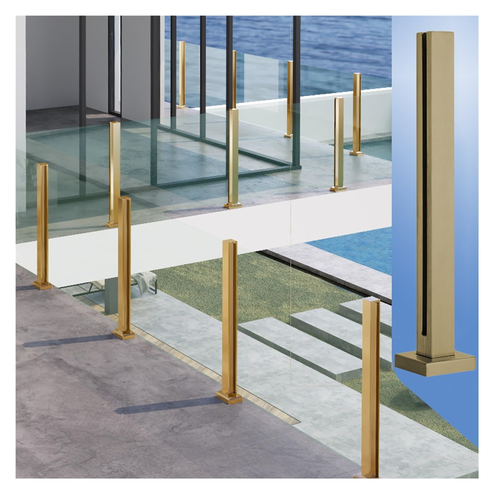 Poteau de garde-corps en verre doré de 150cm type poteau d'extrémité carré pour terrasse