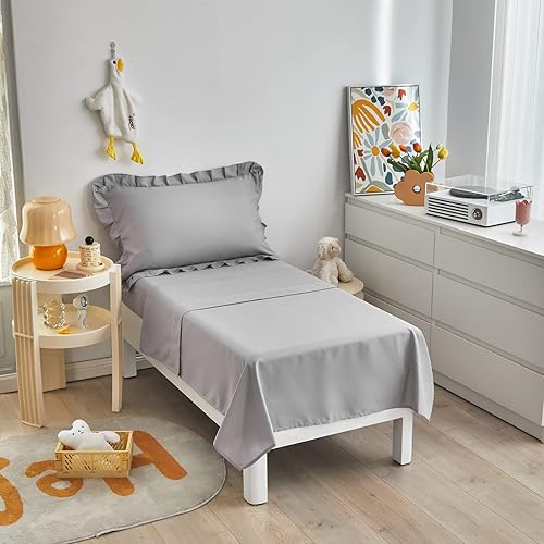 Miniatura 3 de Juego de ropa de cama gris de 4 piezas para niños pequeños con flecos de volantes, juego de ropa de cama de color sólido para niños pequeños - 1