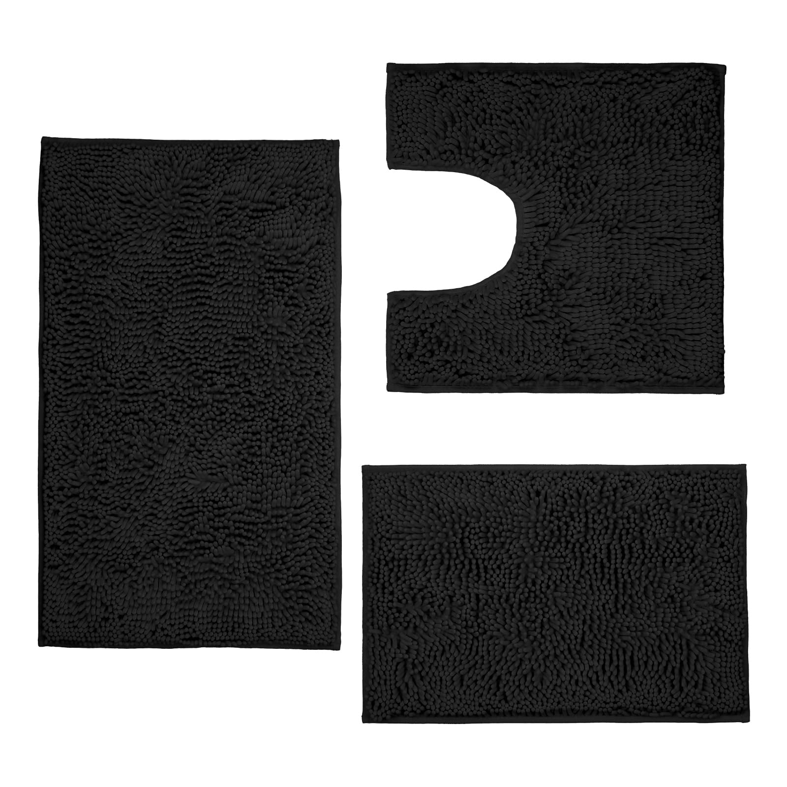 Tappeti da bagno, super assorbenti, lussuosi tappeti da bagno in ciniglia, resistenti e morbidi, lavabili per vasca, (nero, 50,8 x 50,8 cm + 43,2 x 61 cm + 50,8 x 81,3 cm)