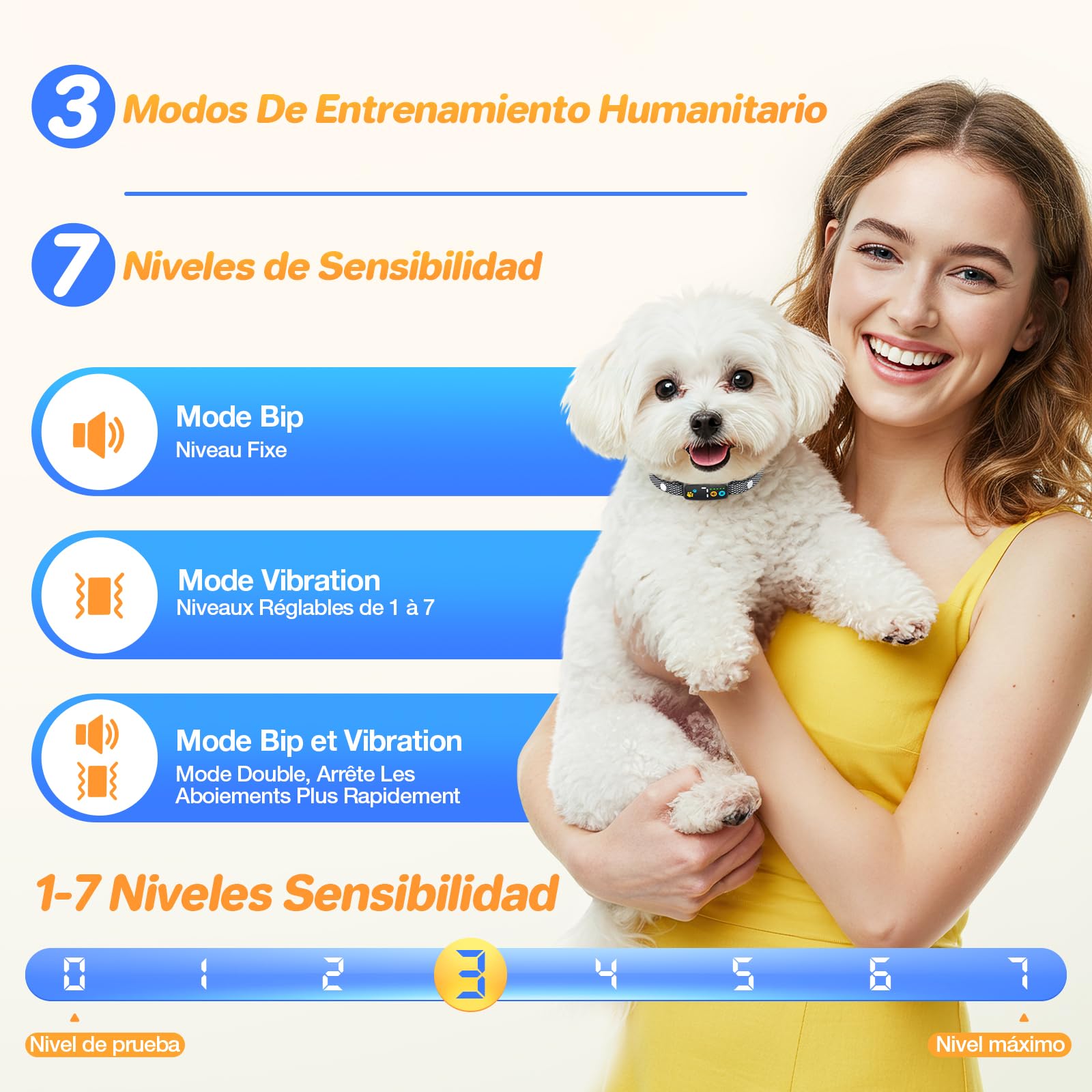Collar Antiladridos para Perros - Collar Adiestramiento con 7 Niveles de Sensibilidad Ajustables, Recargable 3 Modos de Eficiente, Impermeable IP67 Cuello Perros Pequeños y Grandes (Negro)