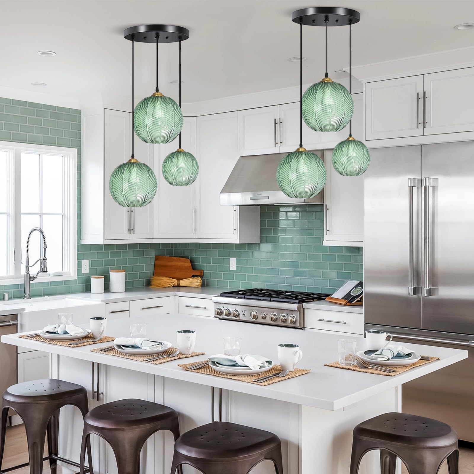 Pendelleuchte Esstisch 3-Flammig, Modern Hängeleuchte Höhenverstellbar Hängelampe Glas Grün, E27 Esstischlampe Hängend für Wohnzimmer Küche Schlafzimmer Flur