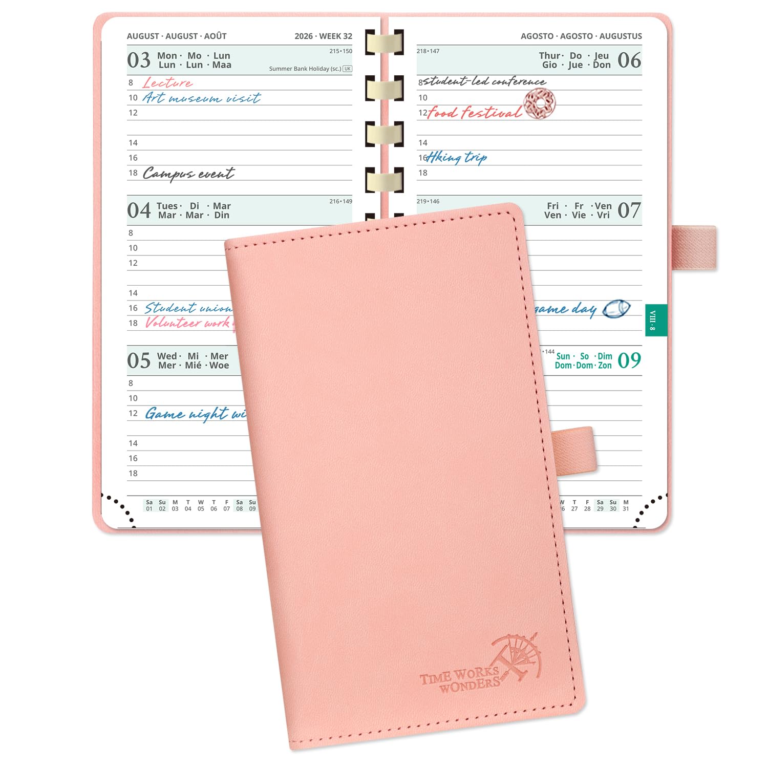 POPRUN Academic Pocket Diary 2026-2027 Slim (16.5x9 cm) Week to View Spiral 17 Months (Aug'26 - Dec'27) Small for Bag,Mid Year Weekly Planner PU Leather Cover(Pink) — image 1