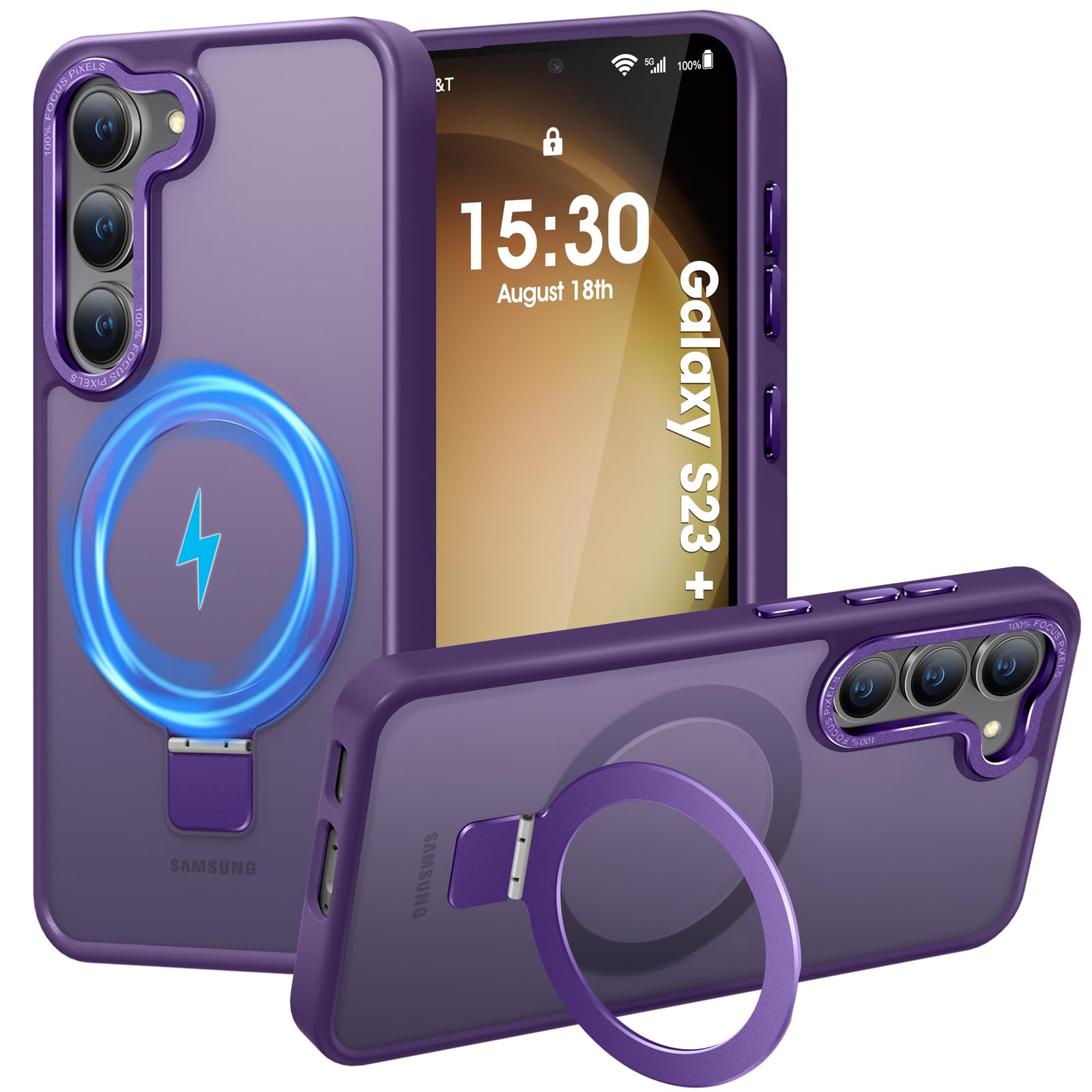 HuwaiH Magnetic Stand for Samsung Galaxy S23 Plus Case Military-Grade Protection Anti-Fingerprint Anti-Scratch Translucent Matte Phone case for