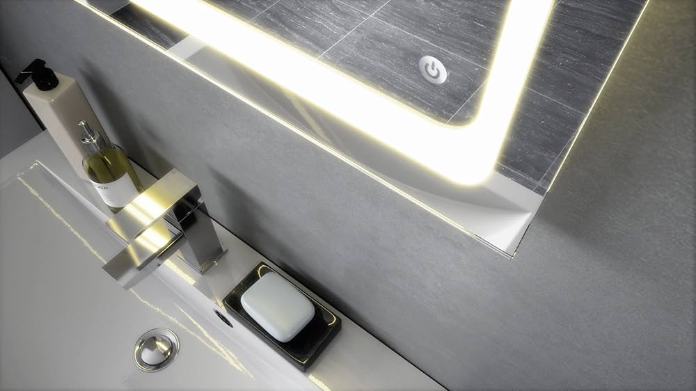 Ensemble De Meubles De Bains Aloha V2, Corps En Blanc Mat Facades En Blanc Haute Brillance Avec Un Decor En Gris Haute Brillance Avec Vasque A Poser Et Miroir Led