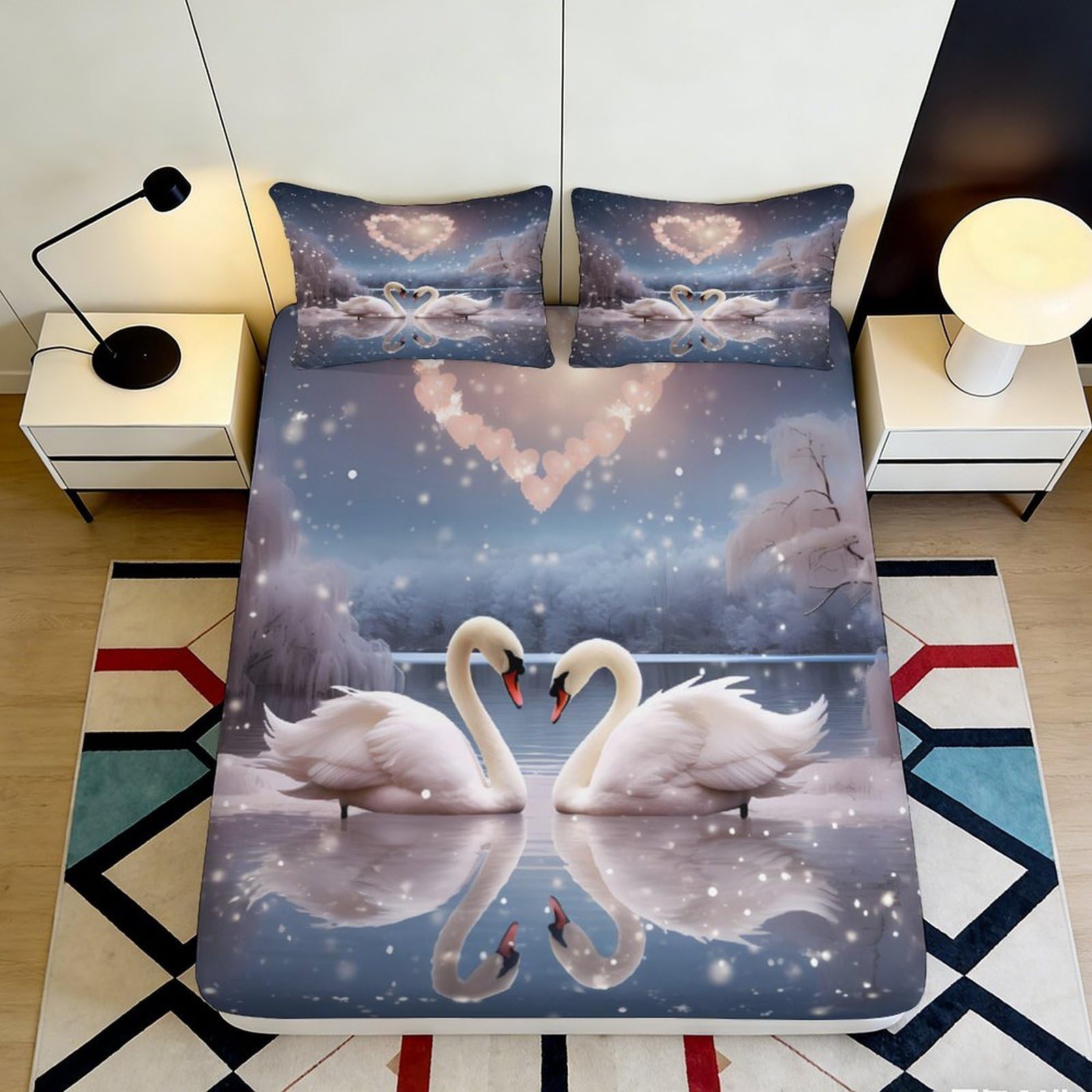 3D Printed Swan Lake Fitted Sheet Microfiber Bedroom Decor Heart Reflection Bed Cover for Home Guest Room 90x200x25cm