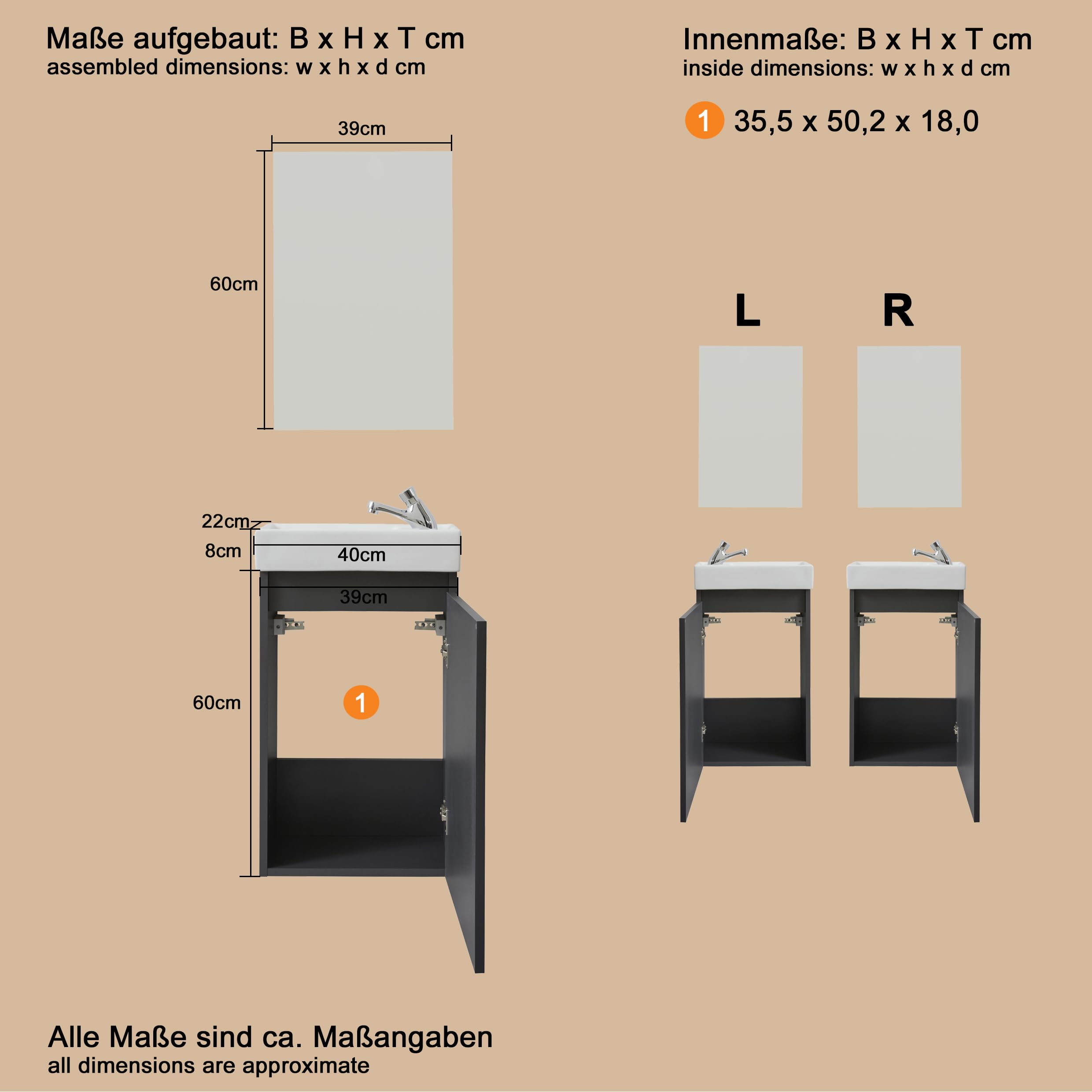 trendteam smart living - Champ - kompaktes Badmöbel-Set (WBU + Waschbecken + Spiegel) - Grau - (BxHxT) 40 x 60 x 21/39 x 60 x 2 cm - Kratzfest