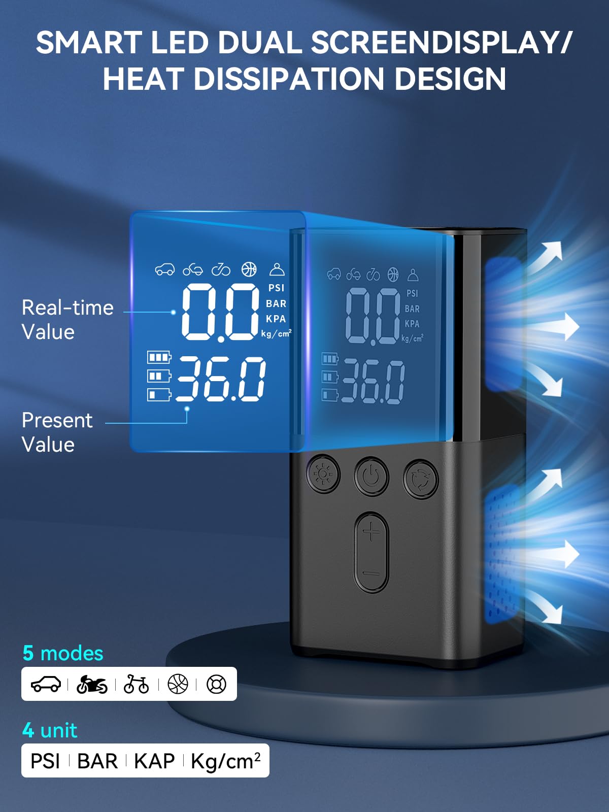 WYRIAZA Compresseur à Air Portatif 150PSI Gonfleur Pneus Voiture 4 Modes Compresseur Voiture sans Fil Mini Compresseur à Air Gonfleur Velo Electrique Portable Noir (PSI, Bar, KPA, KG/CM²)