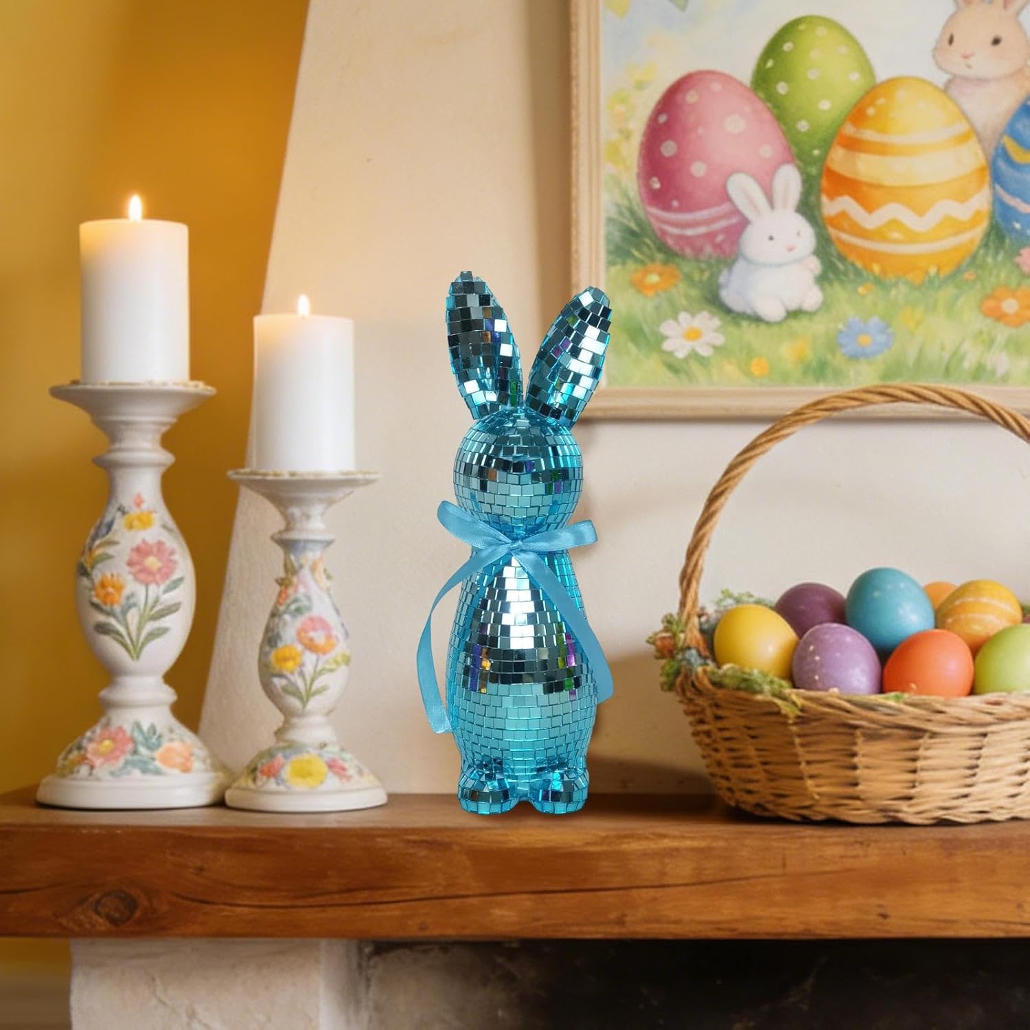 Disco Bunny Statue - Mirror Disco Ball Bunny Easter Decoration Reflective Easter Bunny Figure Decoration Spring Rabbit Decoration for Table Decoration, Home and Weddings (Blue)