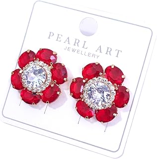 Sparkling Floral AD Stone Stud Earrings - Red Price In India