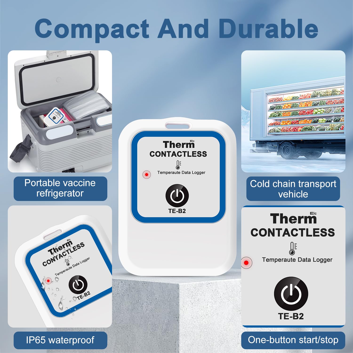 ThermElc TE-B2 Registrador Datos Temperatura Para Vacunas,Compatible con la Norma EN12830, Monitor Para Refrigeradores de Farmacia con cálculo MKT, 12000 Puntos,Reutilizable,Informes PDF sin Contacto