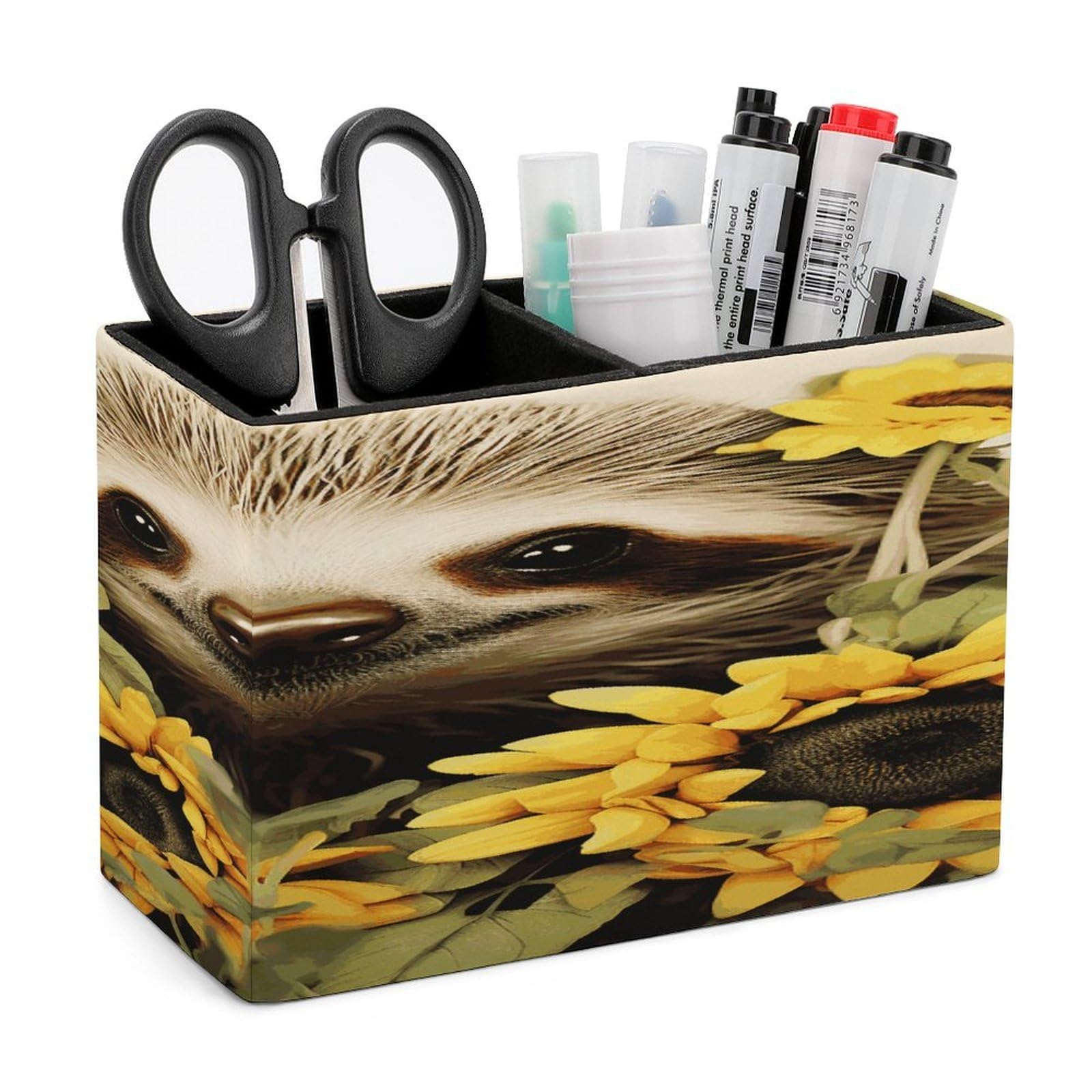 LDGSUPH Sloth Sunflower Leather Pen Holder for Desk Organizer Caddy Large Pencil Cup Multi-function Pencil Holder Makeup Brush Holders Pen Organizer for Home Office Storage Box