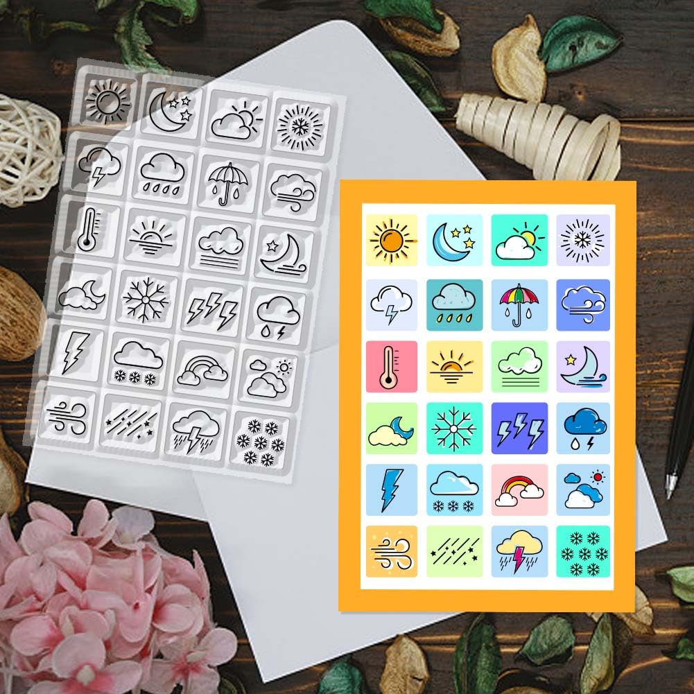 CHGCRAFT 4 Hojas 4 Estilos Iconos del Clima Diario Sellos Transparentes Tabla de Horarios Sello de Silicona para Álbumes de Recortes DIY y Elaboración de Tarjetas Decoración de Manualidades de Papel