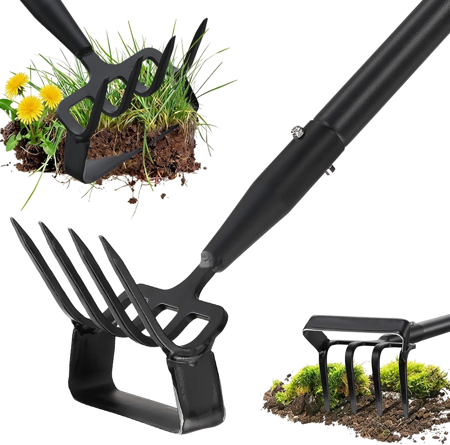 Garden Hoe, Heavy Duty Hula Hoe Garden Tool for Weeding, Adjustable Handle 37-82 Inch Cultivator Stirrup Hoe, Action Scuffle Loop Hoe with Rake 2-in-1 Gardening Tool