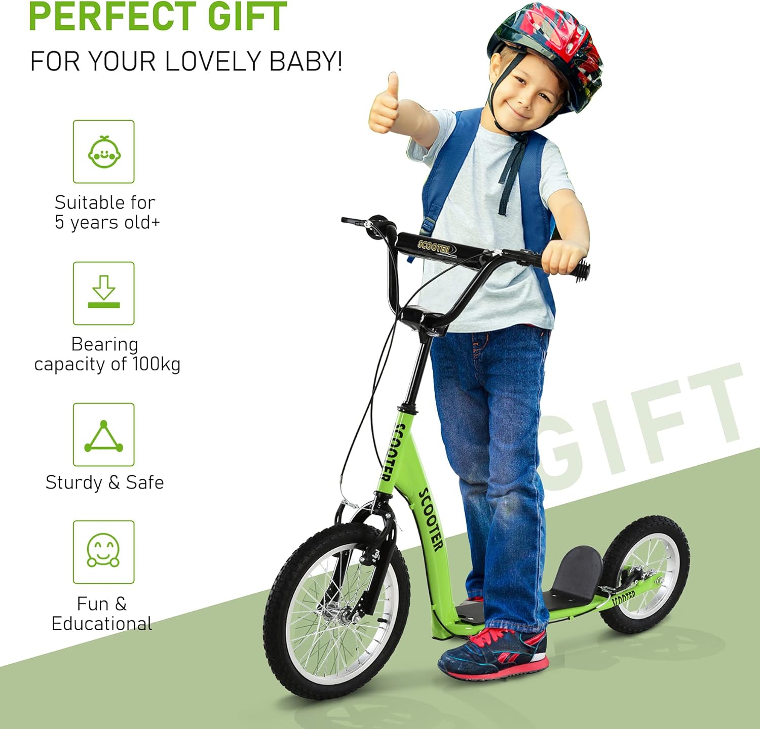 Aosom Youth Scooter Kick Scooter for Kids 5+ with Adjustable Handlebar 16" Front and 12" Rear Dual Brakes Inflatable Wheels
