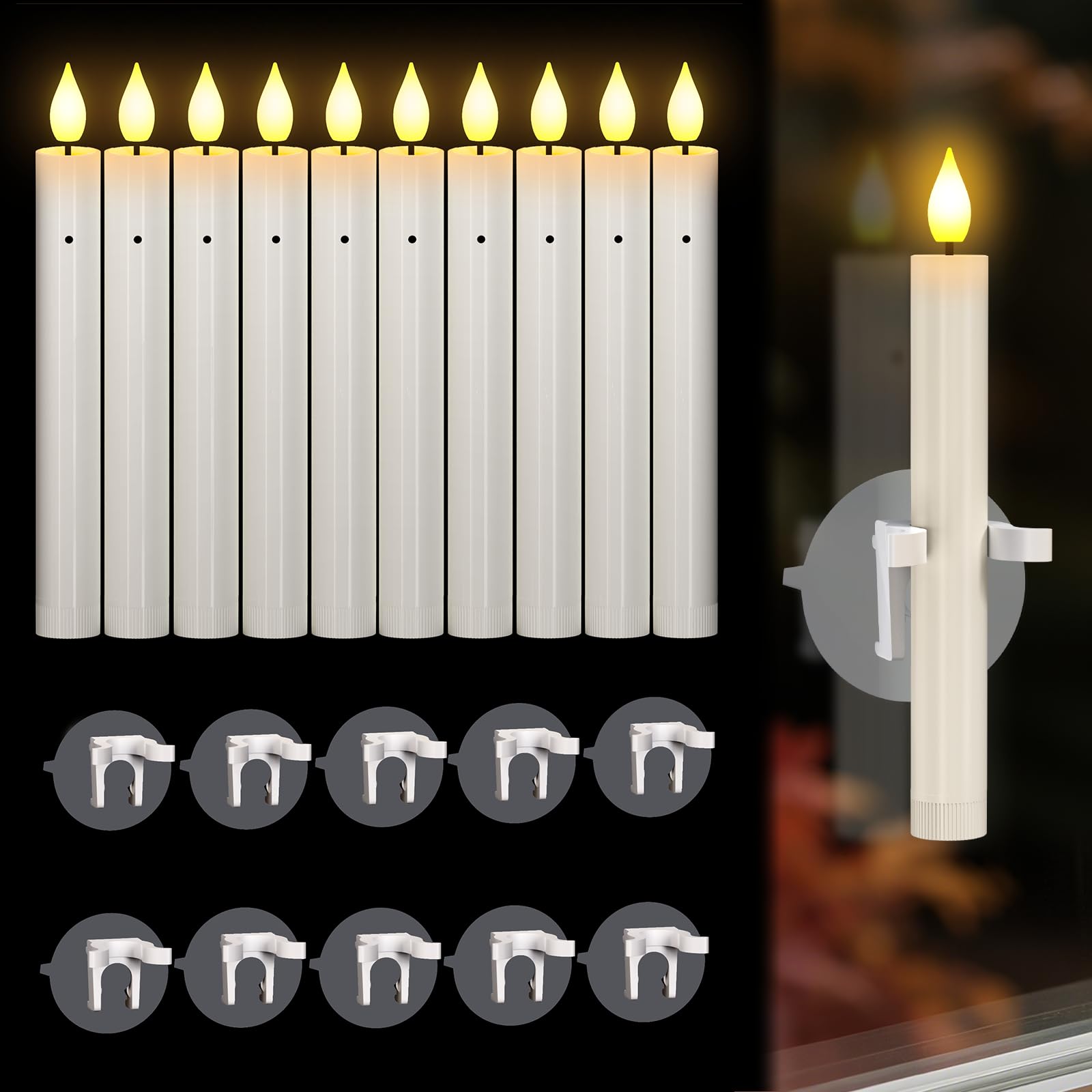 Ymenow Świece prętowe LED z czujnikiem zmierzchu, 10 sztuk elektrycznych świec z czujnikiem światła Dusk to Dawn i przyssawki, bezpłomieniowe świece prętowe na Halloween, okno, kominek, Boże