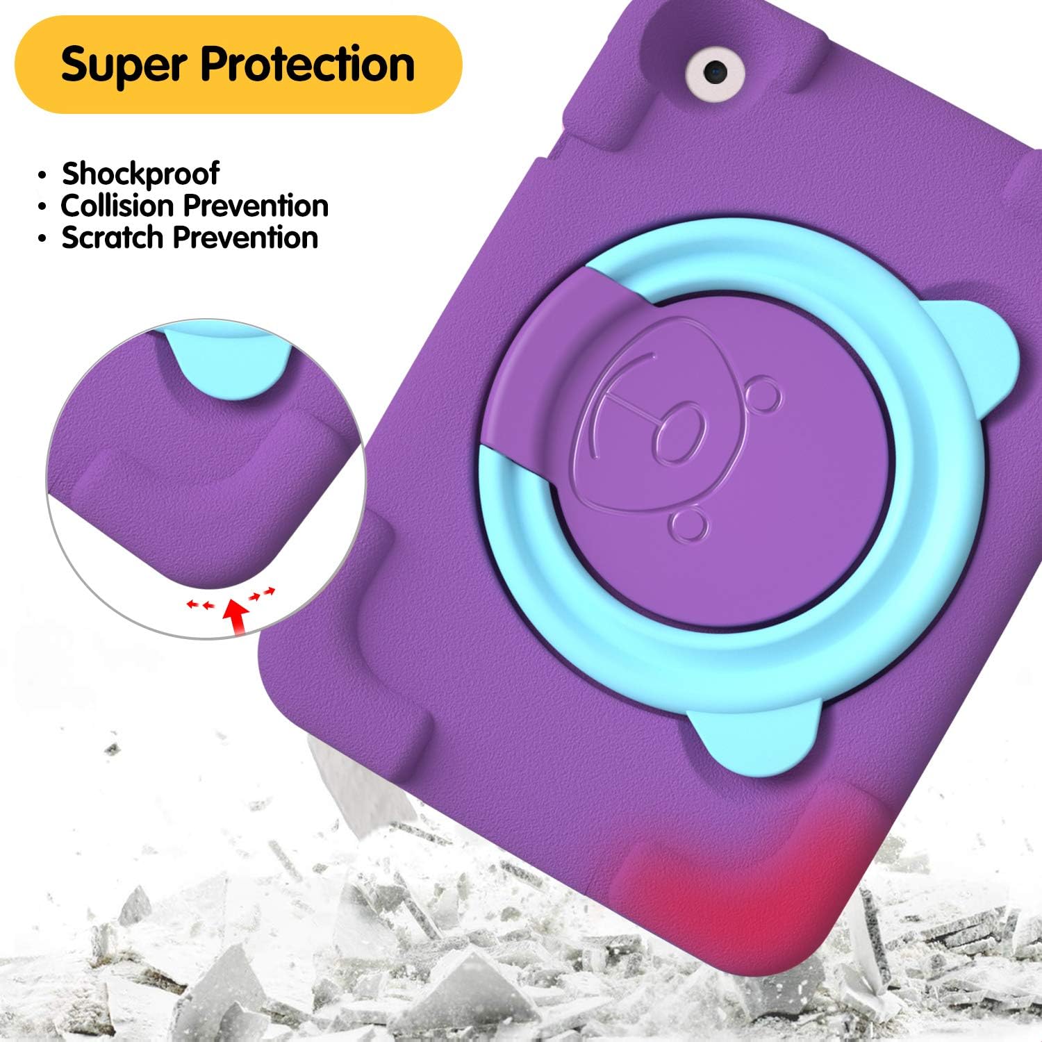 PZOZ Kids Case Compatible for Apple iPad Mini 1 2 3 7.9 inch, EVA Shockproof Rotate Handle Folding Stand Heavy Duty Protective Cute Boys Girls Cover for Mini 1st 2nd Gen 3th Generation (Purple)