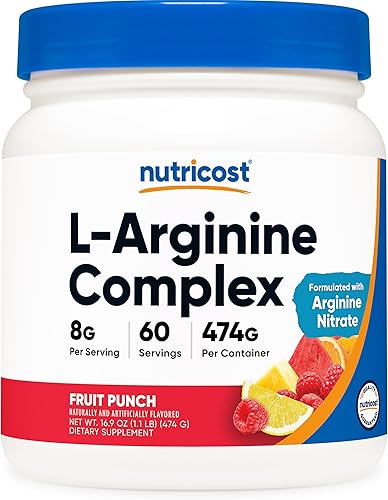 Nutricost Complejo de L-arginina (ponche de fruta, 60 porciones), sin gluten, sin OMG