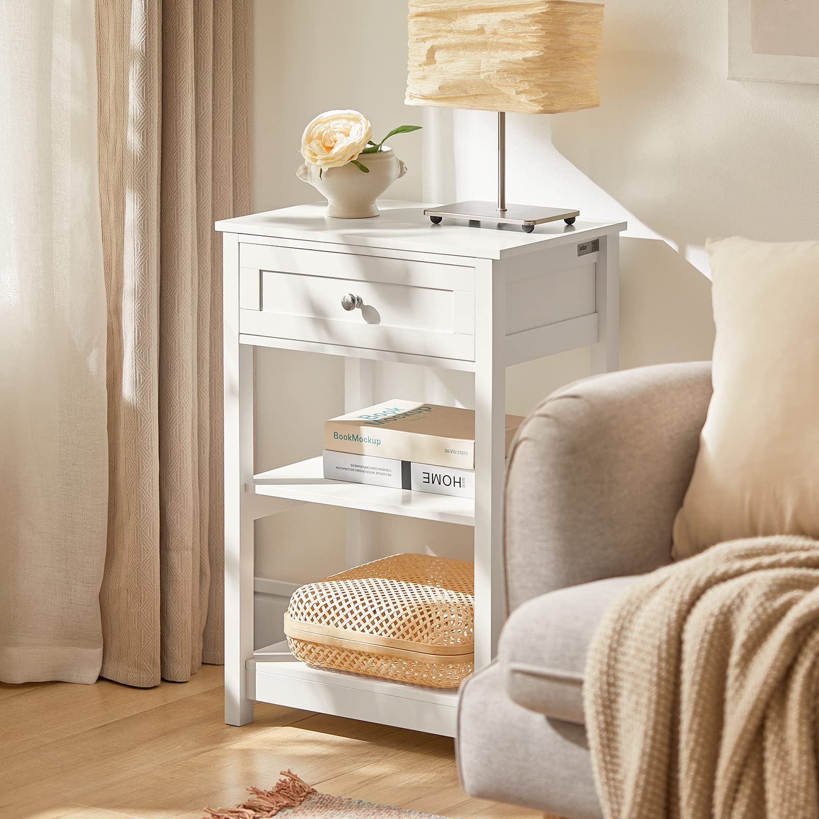 SoBuy Mesita de Noche con 1 Cajón & 2 Estantes, Mesa Auxiliar Moderna, Blanca, L45 x P30 x A68cm, FBT46-W