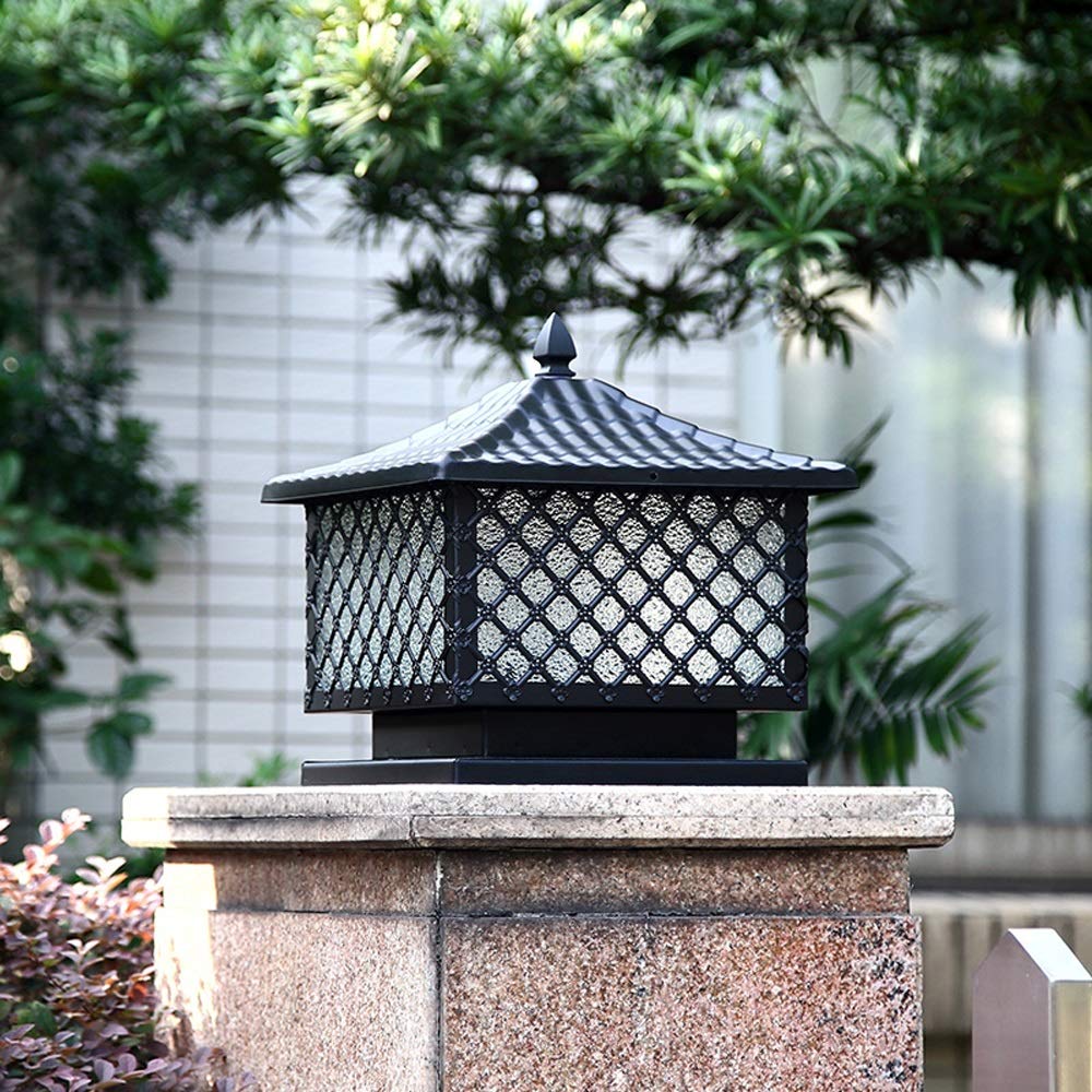 QUSYZD Waterproof Pillar Lamp Chinese Square Die-cast Aluminum Glass Landscape Lights Pillar Lamp Column Light E27 Outdoor Fence Lights for Courtyard Fence Villa,