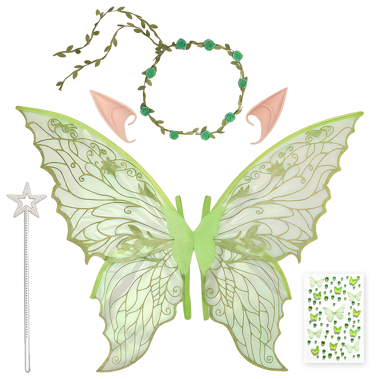 HUNUH 5PCS Fairy Wings,Butterfly Wings Cape with Wand, Crown, Fairy Ears, Flower Headband and Diamond Stickers, Fairy Angel Princess Costume Set for Halloween, Birthday and Christmas Parties Green