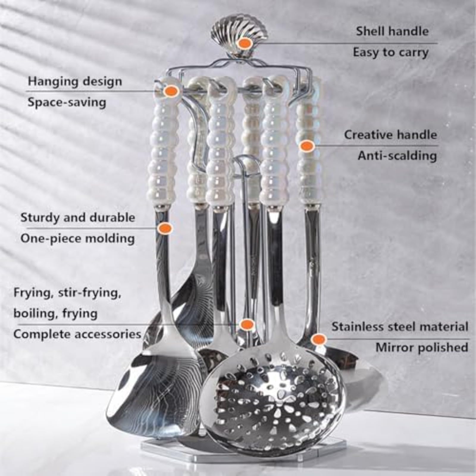 Set di 7 utensili da cucina di lusso in acciaio inossidabile con manici in ceramica decorati con perle, resistenti al calore, che comprende un mestolo, una spatola, un cucchiaio forato e una paletta.