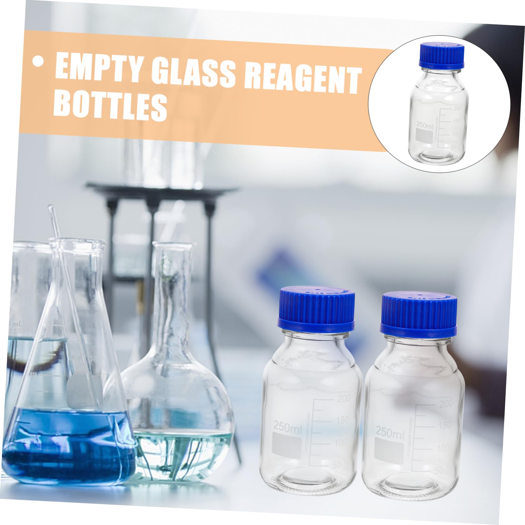 Cabilock Reagente Resistenti Agli Urti e Leggere in Vetro Trasparente da 250ml Set da 4 Bottiglie con Tappo a Vite Blu per Laboratori e Applicazioni Didattiche