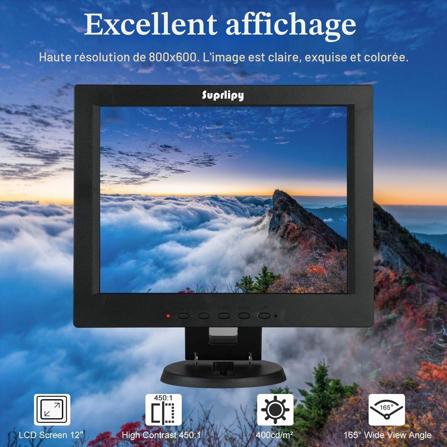 Moniteur de sécurité CCTV LCD TFT 12 Pouces 800x600 4:3 Écran d'affichage Prise en Charge HDMI VGA AV BNC MIC Ports USB avec télécommande Haut-parleurs intégrés pour caméra de Surveillance