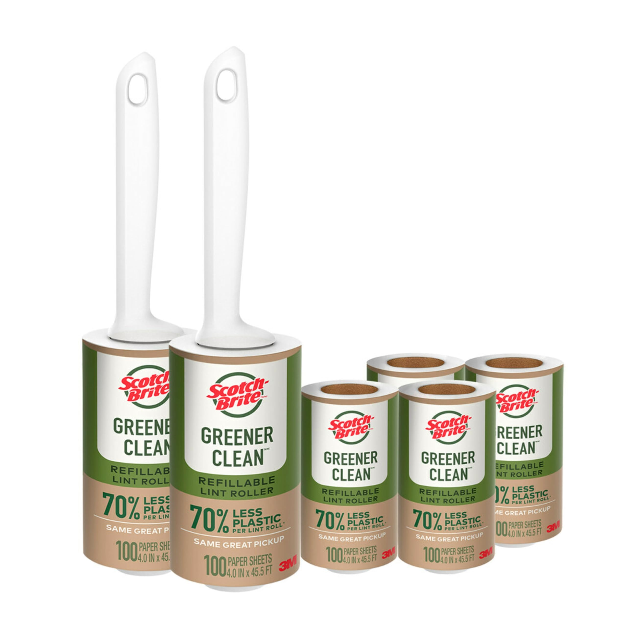 Scotch-Brite Greener Clean Lint Roller, Reusable Lint Rollers for Clothes, Furniture, and Pet Hair, Tidy Up Fabrics with a More Sustainable Fuzz Remover, 2 Roller, 4 Refills