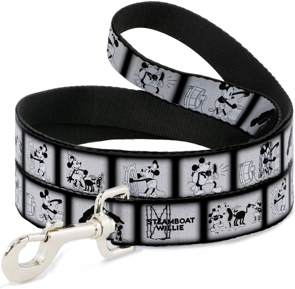 Dog Leash Steamboat Willie Scene Blocks White Black 6 Feet Long 0.5 Inch Wide