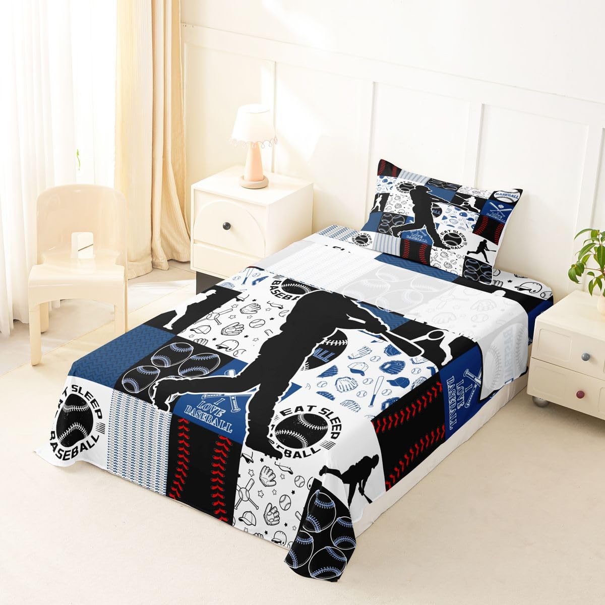 Castle Fairy Baseball Player Bed Sheet Set Twin Size,Sports Geometric Grid Blue Sheet Set Kids Teens,Patchwork Baseball Bedding Decor Set with 1 Flat &amp; 1 Fitted Sheet with 1 Pillow Sham