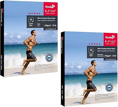 Koala Ultra Premium - Papel fotográfico satinado de 8.5 x 11 pulgadas y papel fotográfico brillante pesado de 72 libras para impresora de inyección