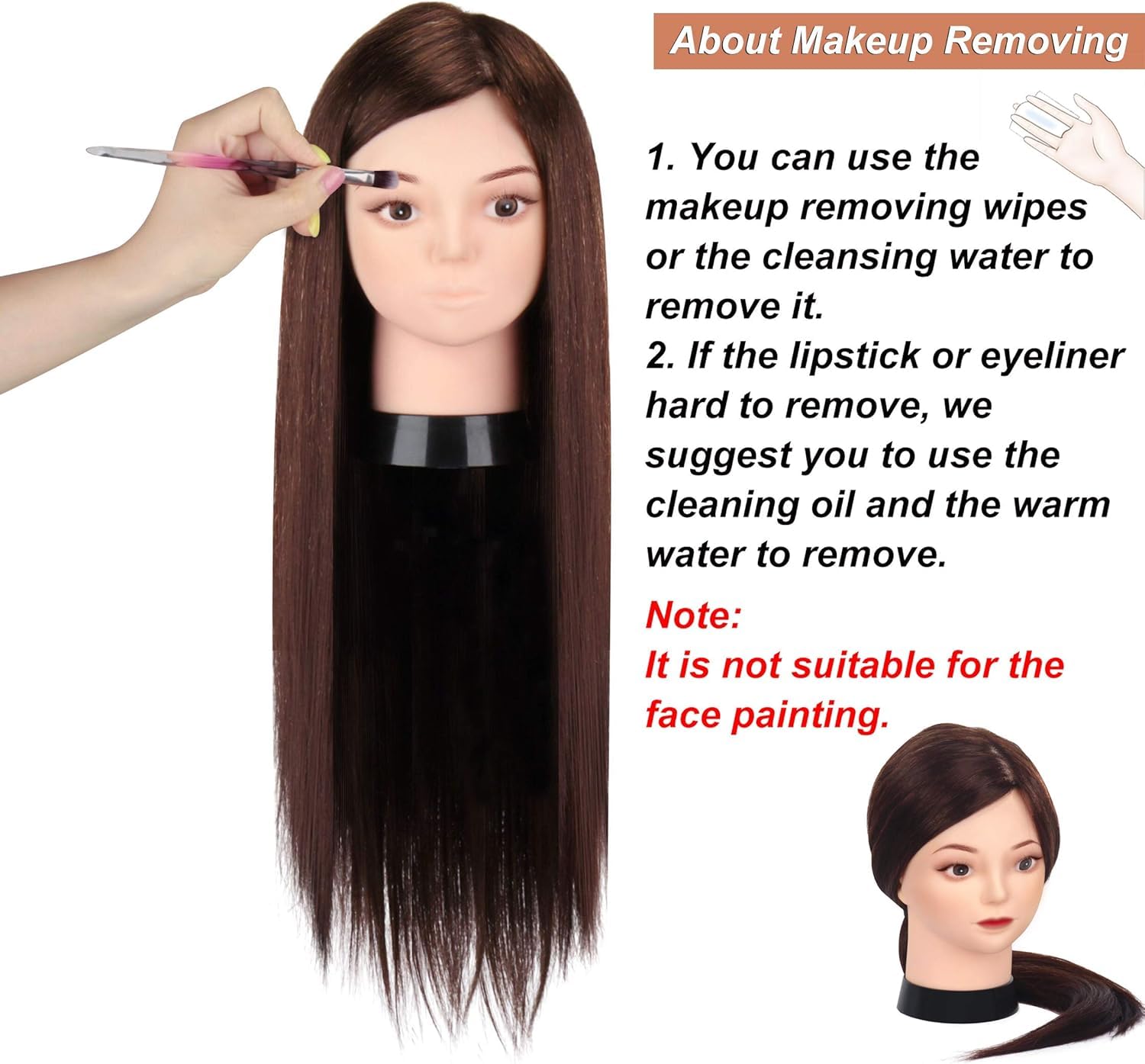 TopDirect Tête de mannequin 80 % cheveux naturels pour coiffure, marron
