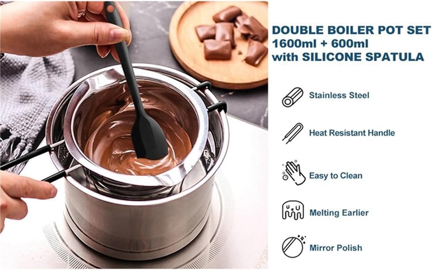 Stainless Steel Double Boiler Pot Melting Bowl Double Boiler Pot Set Stainless Steel Melting with Silicone Spatula for Chocolate,Soap,Wax,Candle Making