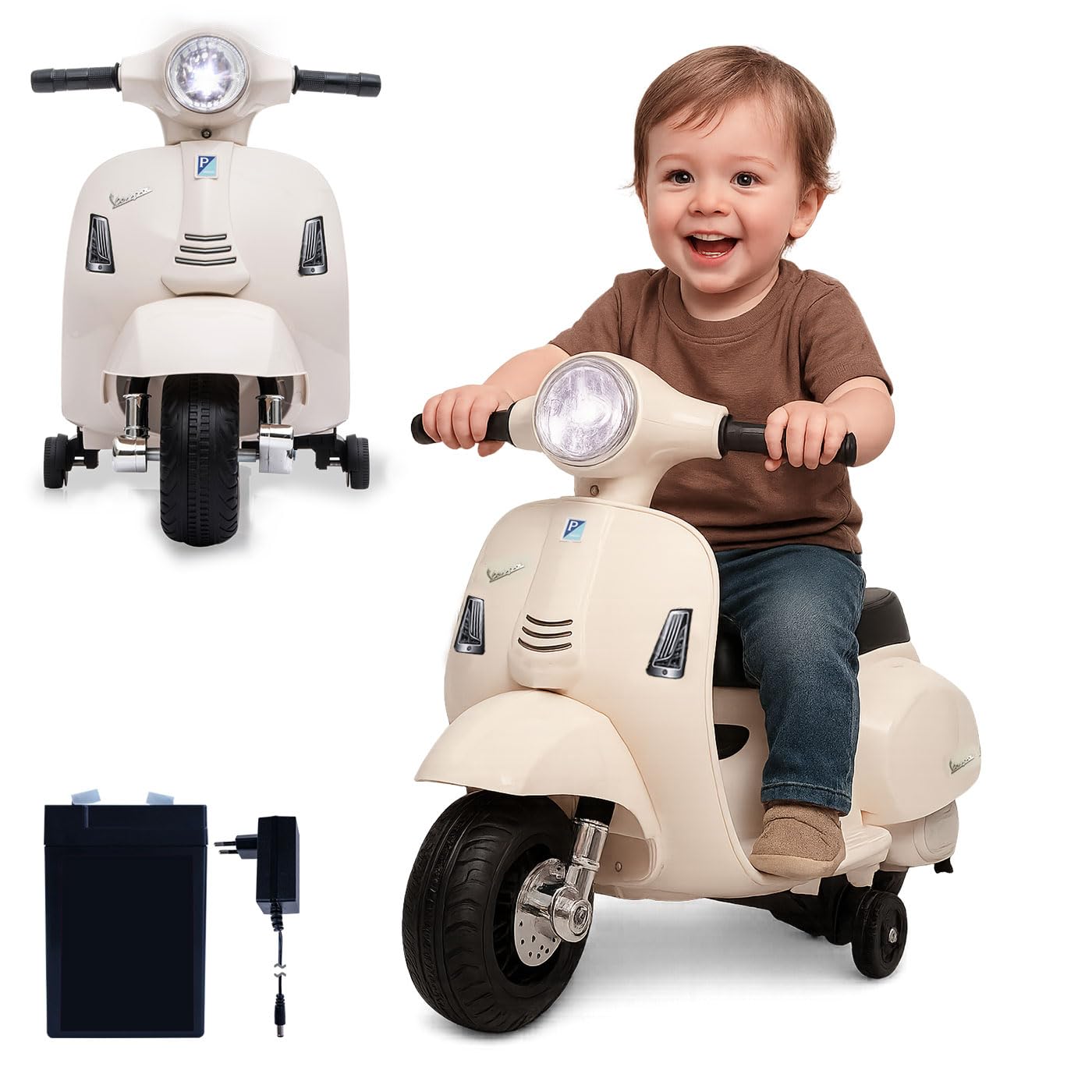 JAMARA 461856 Ride-on Vespa Mini Li-Power 8.4 – samochód elektryczny Vespa dla dzieci od 18 miesięcy, elektryczny samochód samochodowy, do jazdy elektrycznej, koła podporowe, gazu, pomysł na