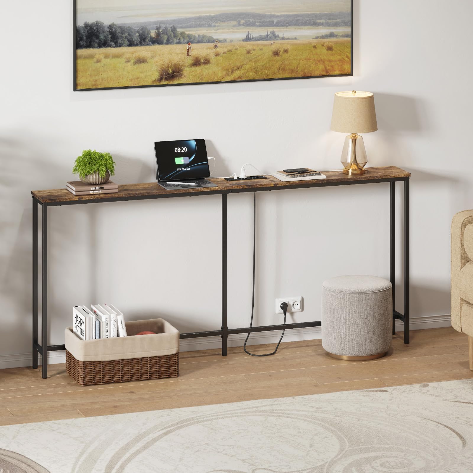 Lifewit Consolle Stretta 180cm con 2 Prese e Porta USB per il Soggiorno, Tavolo da Ingresso Industriale, Ingresso del Corridoio, Corridoio Dell'ufficio, Dietro il Divano, 180x20x80cm, Marrone Rustico