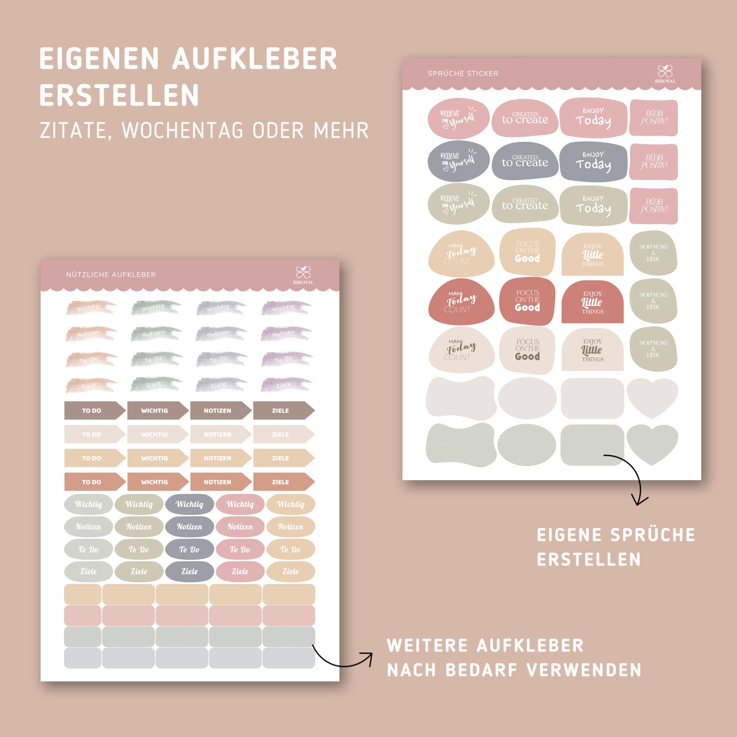 BIROYAL Bullet Journal zestaw naklejek, 12 arkuszy/1000 naklejek, naklejki na kalendarz, kalendarz do dziennika i planera